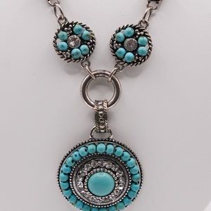 Faux Turquoise Faux Pendant with Rhinestones- Gun Metal Tone Necklace